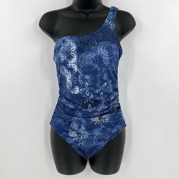 Garnet Hill‎ Floral One Piece One Shoulder Swimsuit Blue Ruched Sides Size 6 - Picture 1 of 8